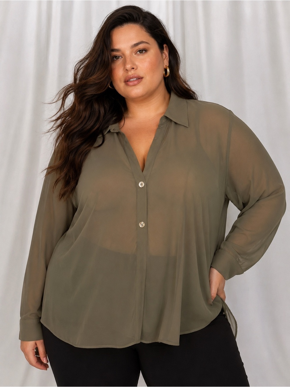 Ashley Stewart Olive Green Sheer Chiffon Button Front Tunic Blouse
(1387)